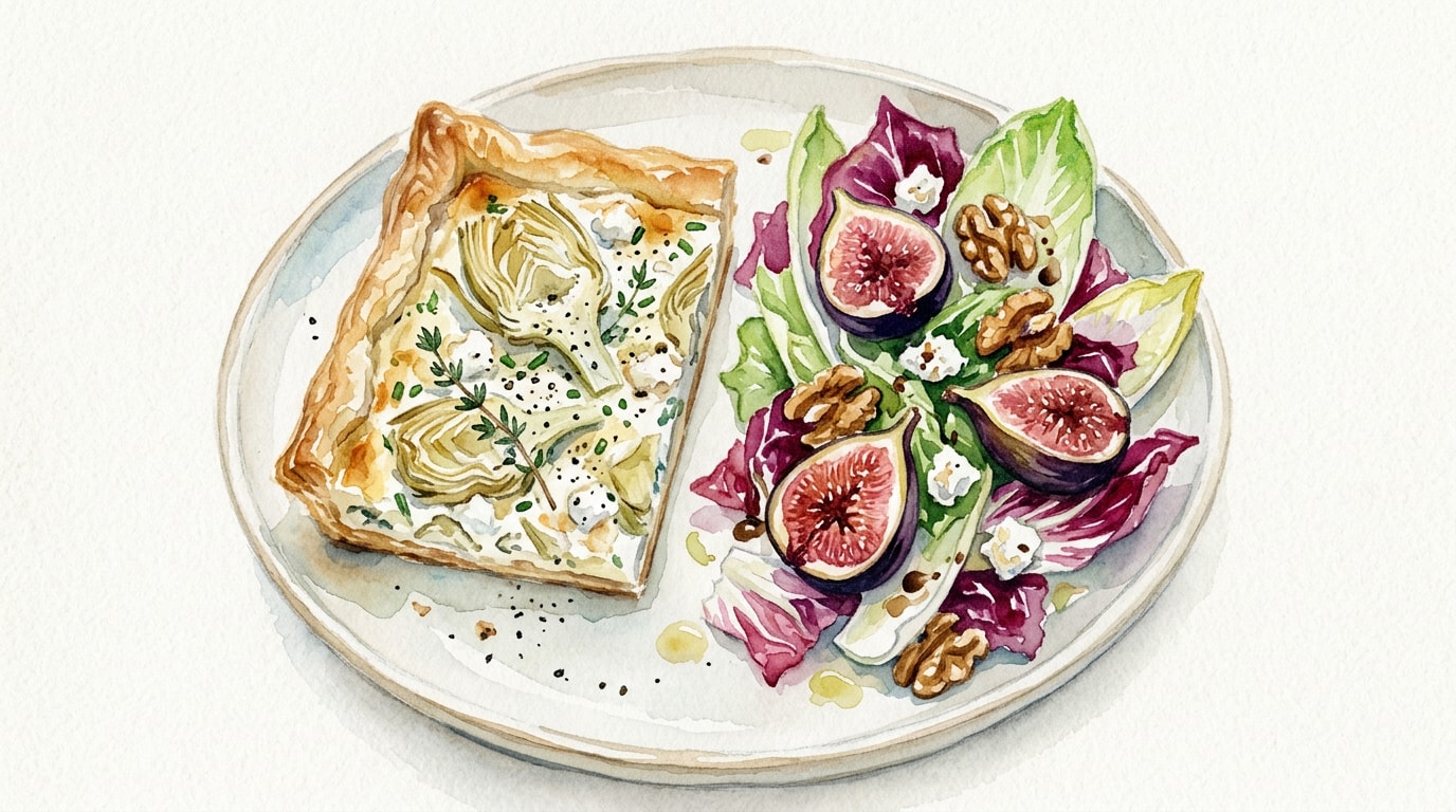 Spring Goat Cheese & Artichoke Tart with Roasted Fig Chicory Salad