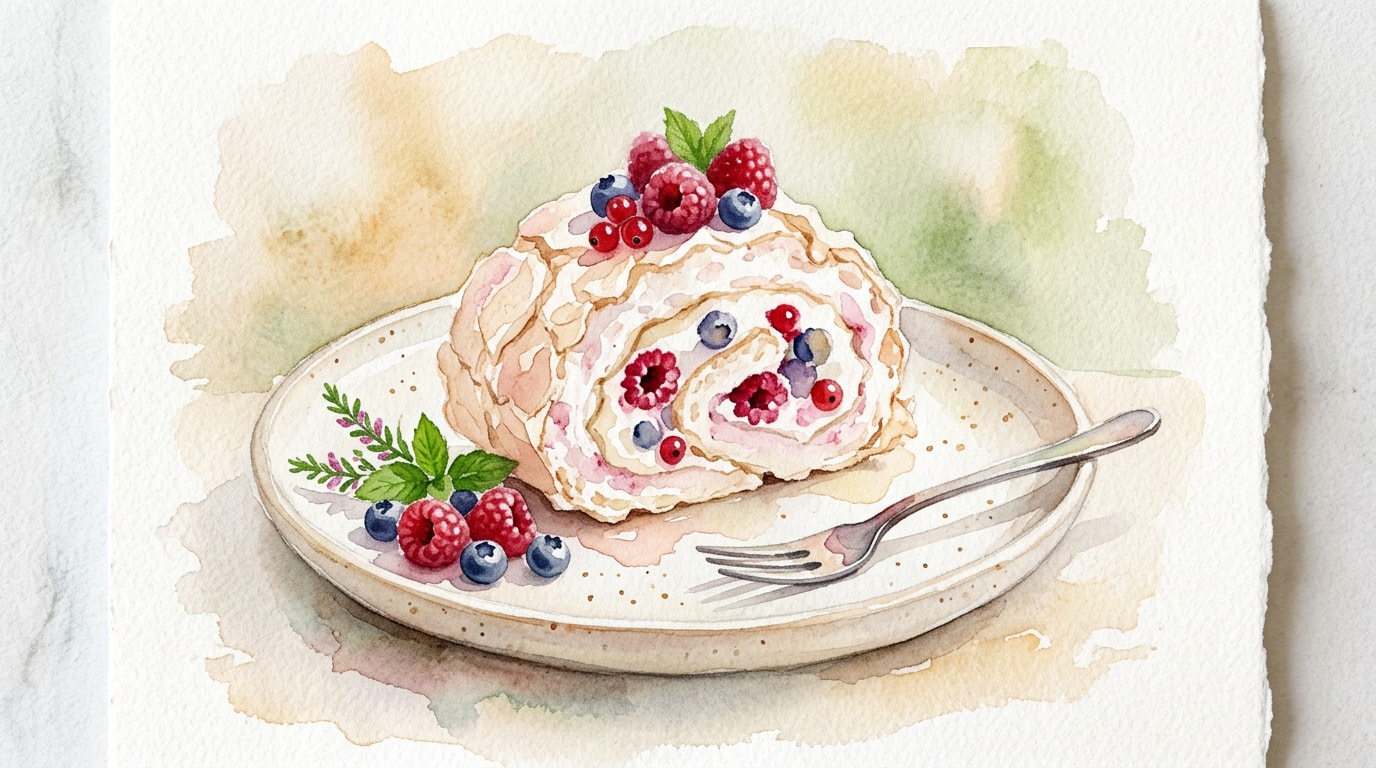 Summer Berry and Heather Honey Meringue Roulade
