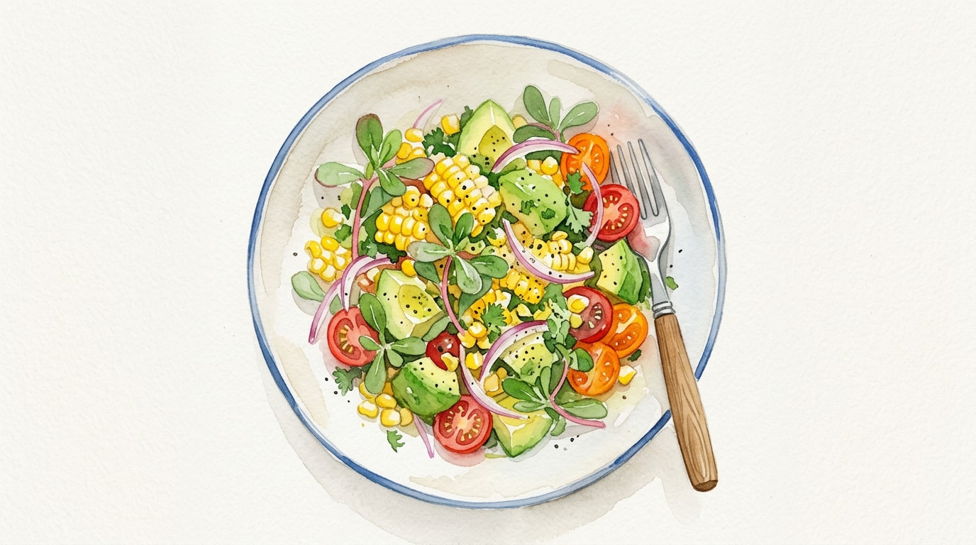 Summer Corn and Avocado Salad with Purslane