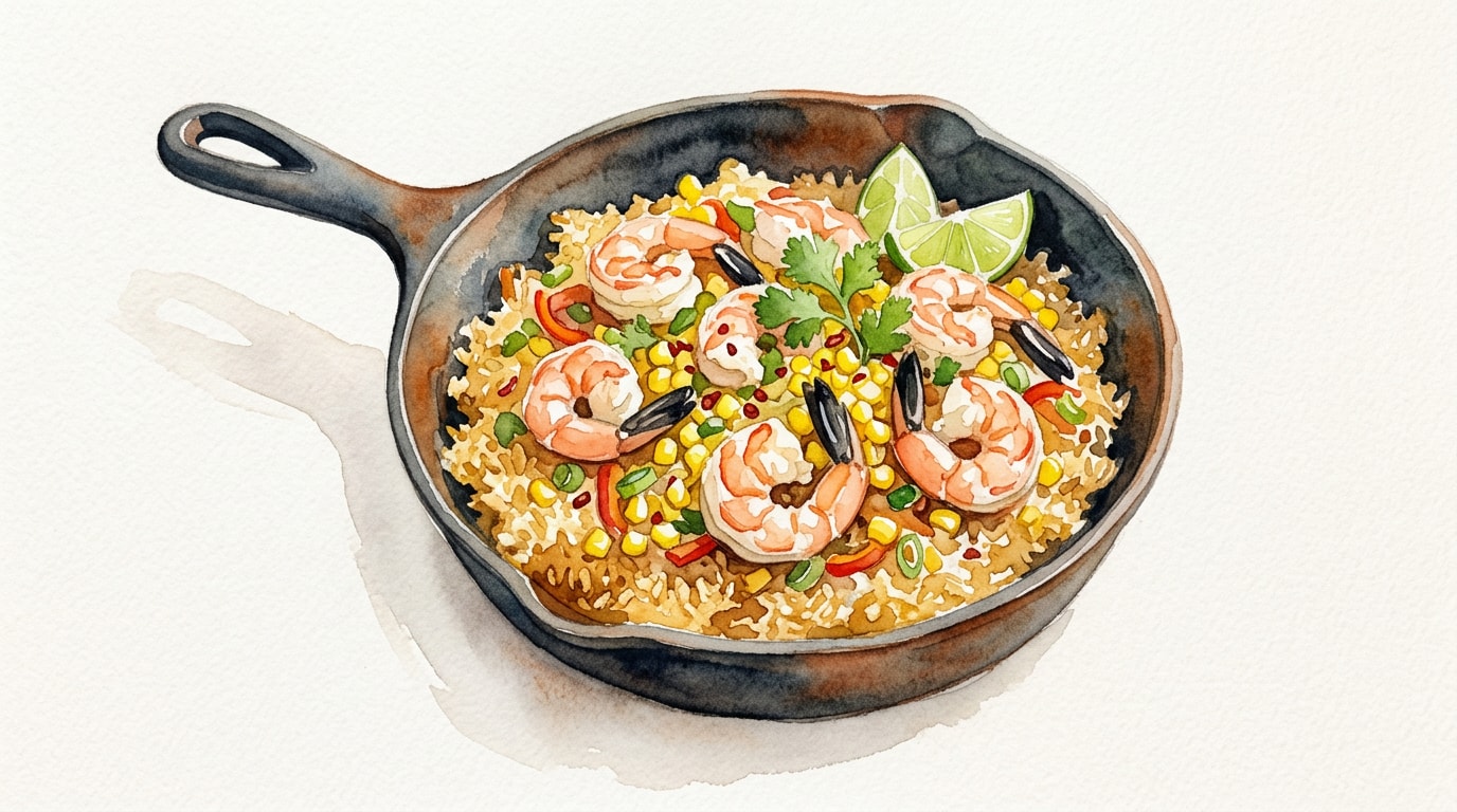Summer Corn and Shrimp Crispy Rice Skillet