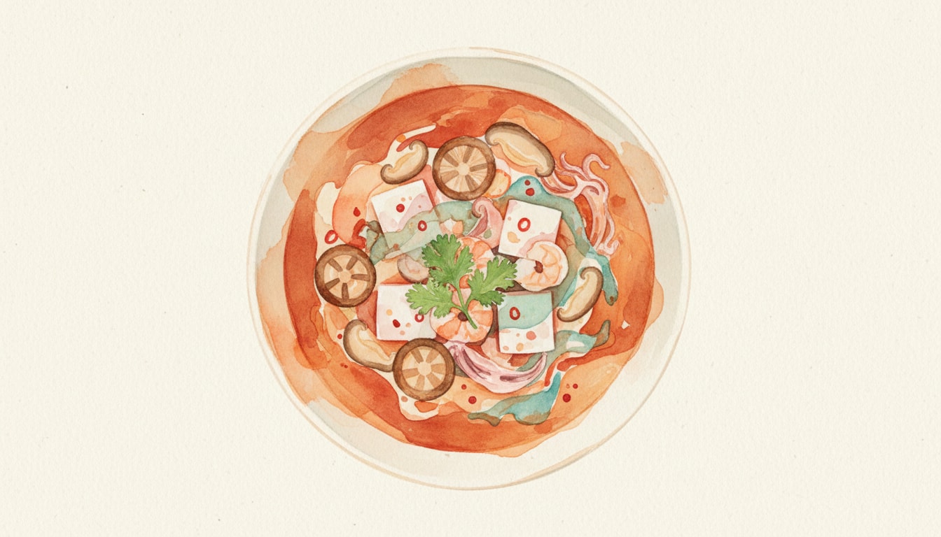 Sweet and Spicy Seafood Soup with Tofu and Mushrooms