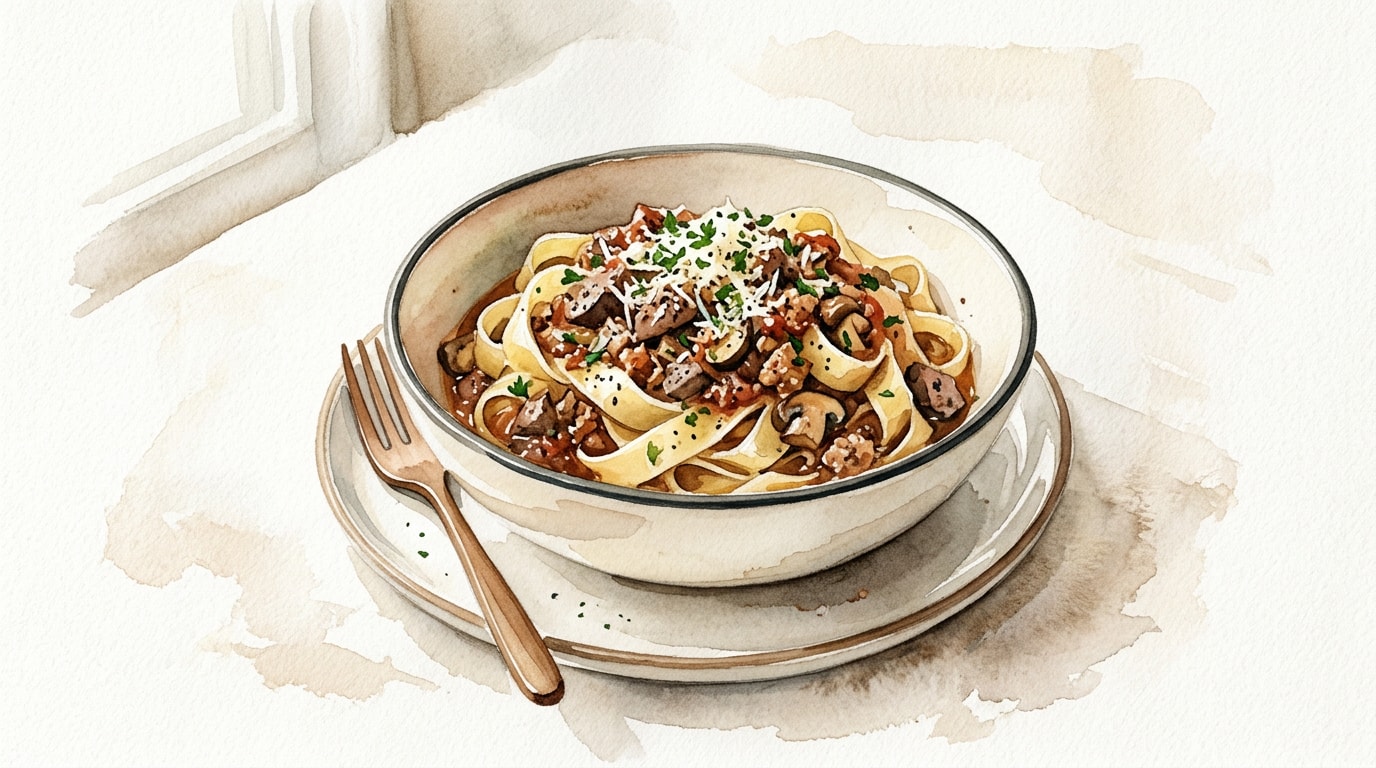 Tagliatelle with Rustic Liver, Sausage, and Mushroom Ragù