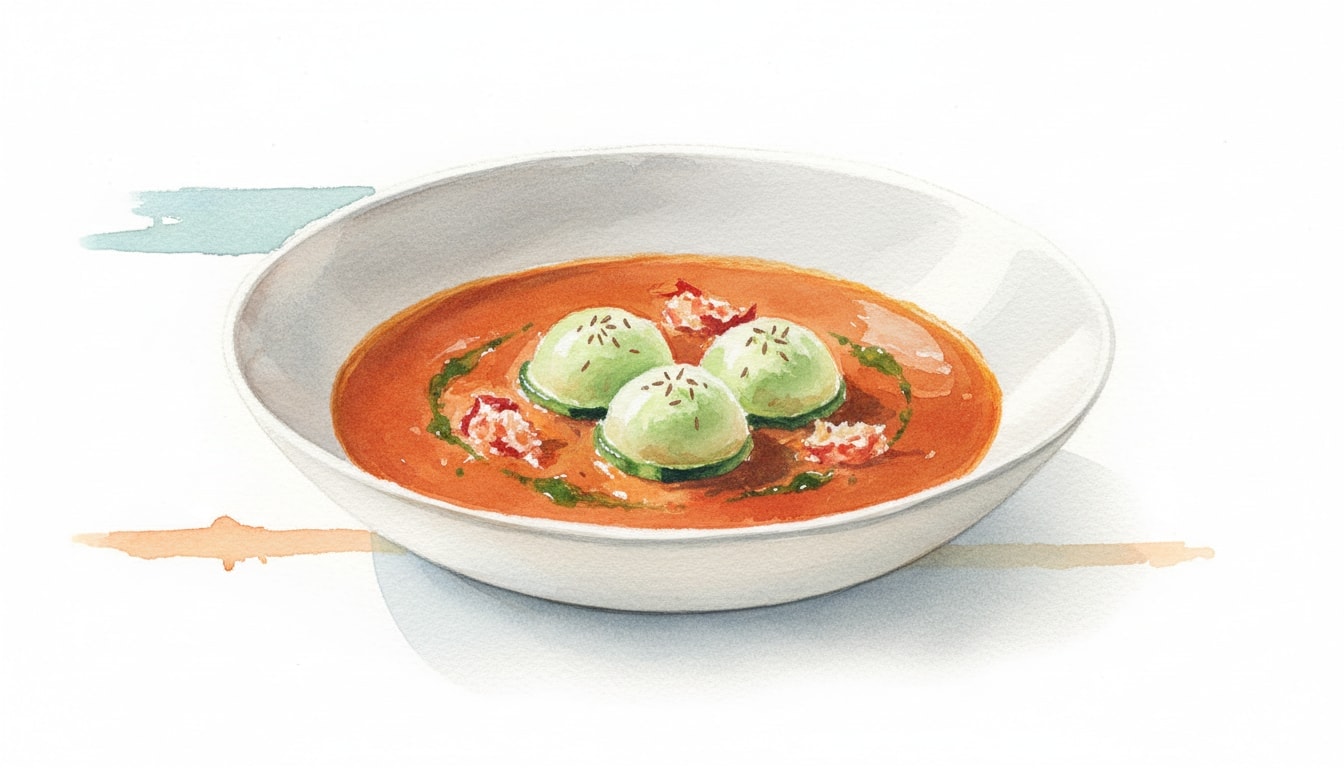 Tomato and Lobster Soup with Cumin and Cucumber Ices