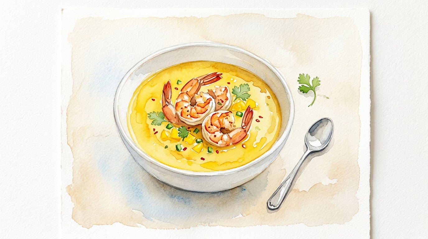 Tropical Yellow Tomato Gazpacho with Spicy Shrimp