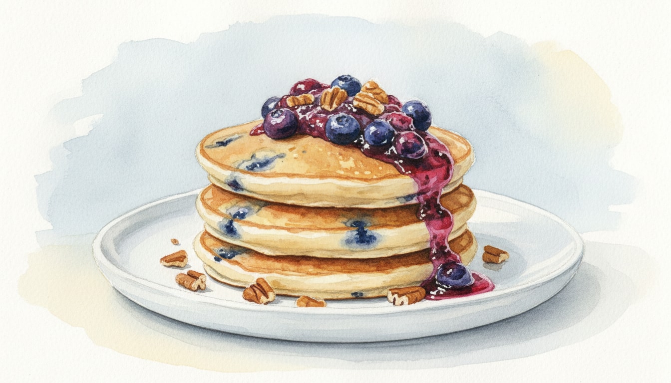 Vegan Banana Blueberry Pancakes with Blueberry Compote and Toasted Pecans