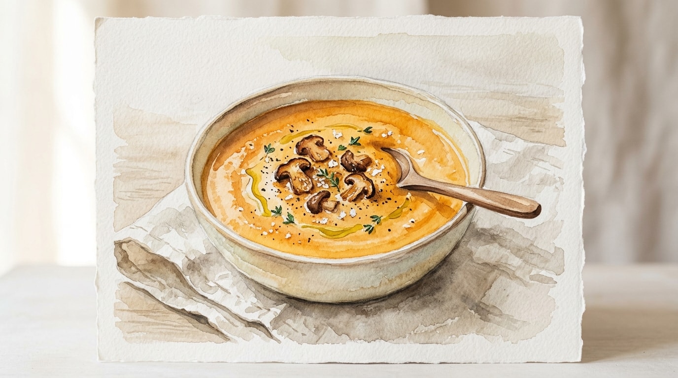 Velvety Pumpkin and Parmesan Soup with Crispy Ceps
