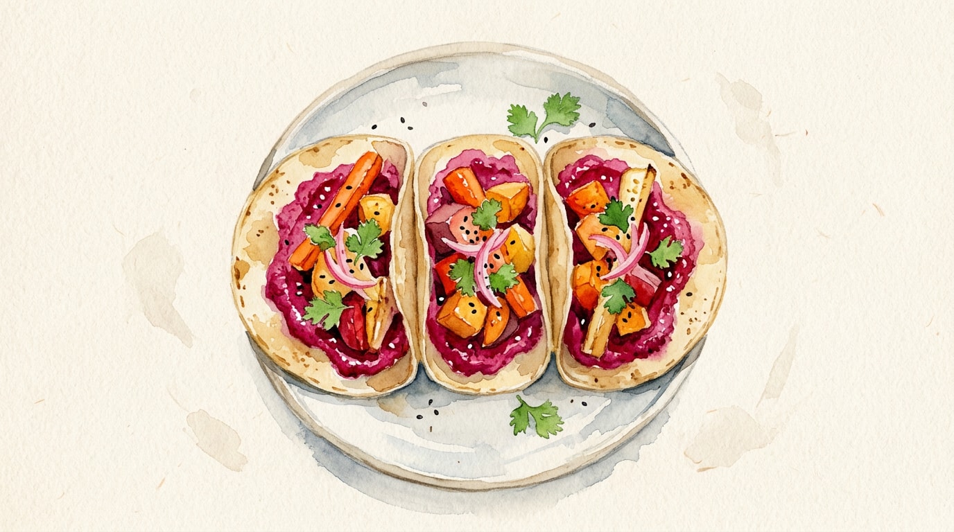 Vibrant Beetroot Hummus & Roasted Root Tacos