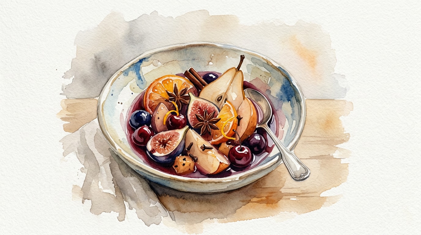 Warm Mulled Wine Poached Fruit Salad