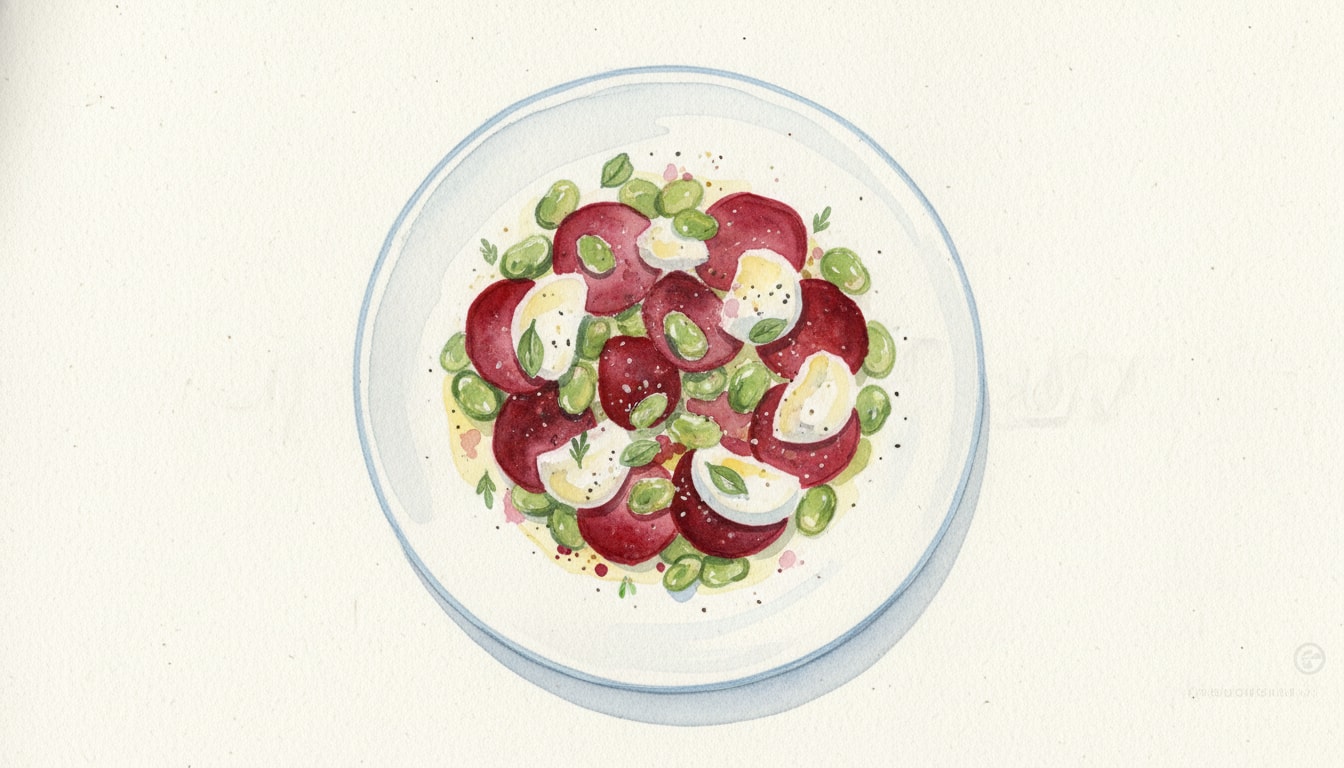 Warm Salad of Roasted Beetroot, Broad Beans, and Mozzarella
