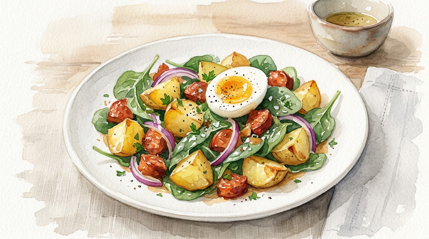 Warm Spanish-Style Potato and Chorizo Spinach Salad