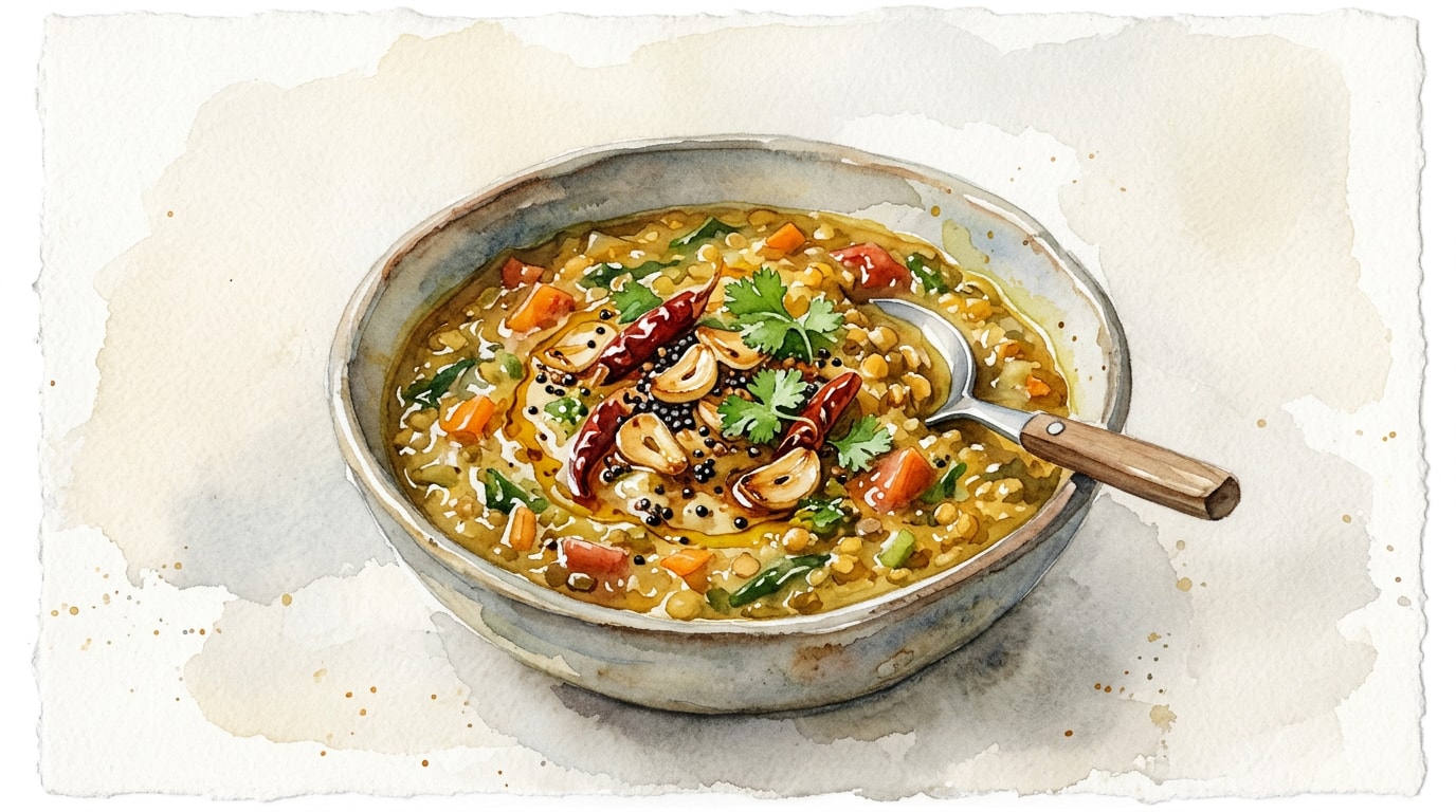 Warming Lentil and Vegetable Dhal with Garlic Mustard Seed Tadka