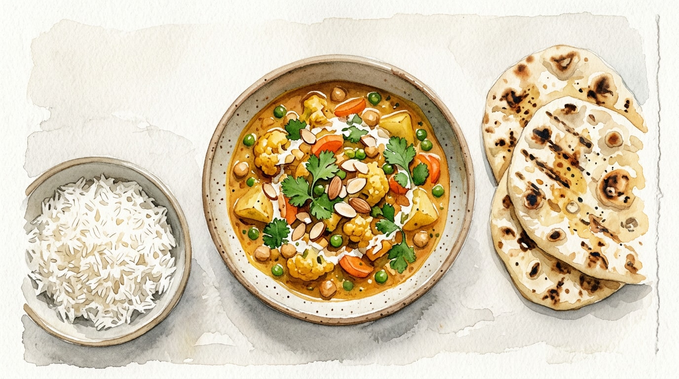 Weeknight Vegetarian Korma with Homemade Naan and Rice