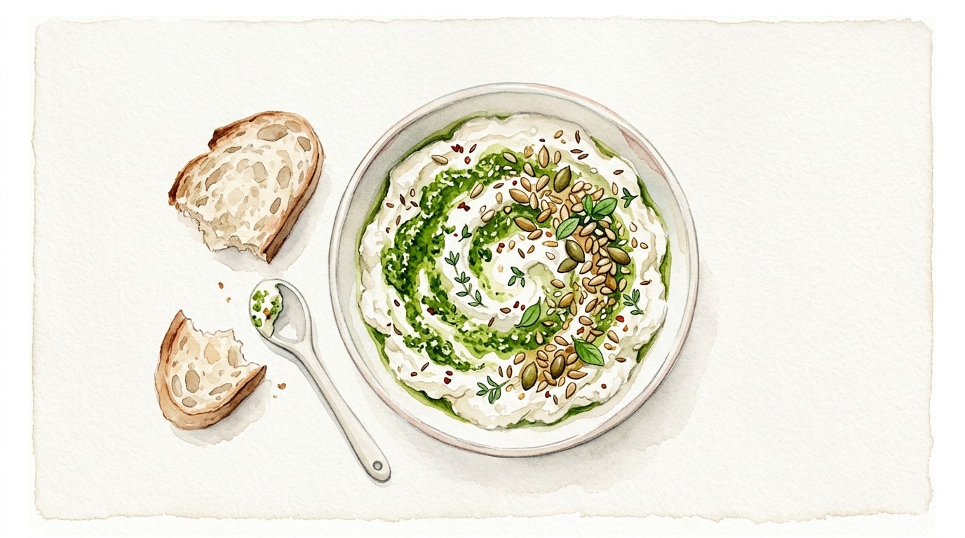 Whipped Feta Dip with Herb Pesto and Toasted Seeds