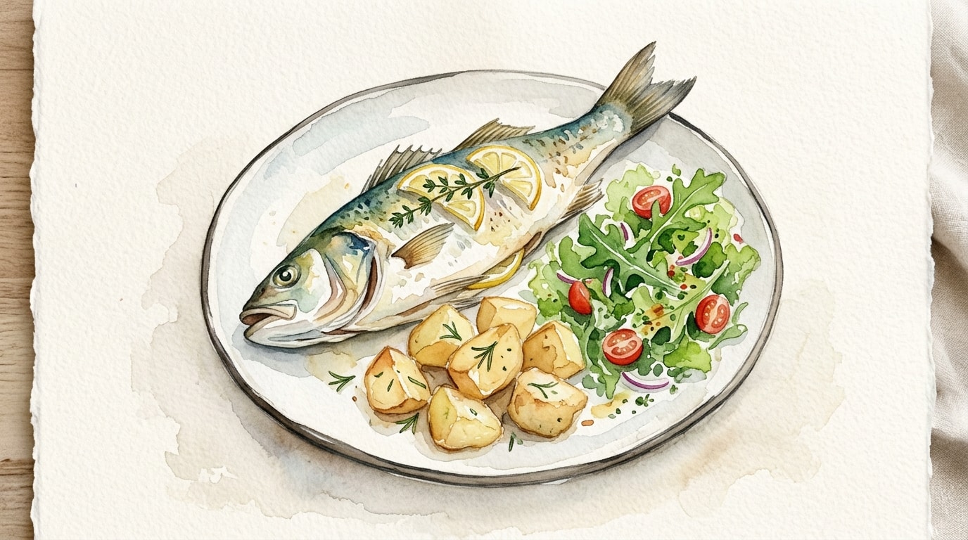 Whole Baked Sea Bass with Roast Potatoes and Fresh Salad