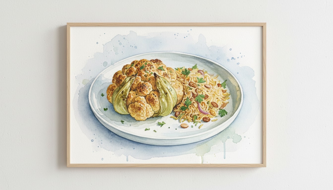 Whole Roast Cauliflower with Qubooli Rice Salad