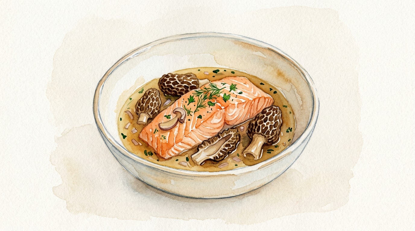 Wild Salmon and Morels Poached in Earthy Mushroom Broth