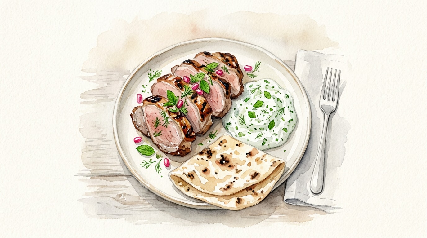 Yogurt-Marinated Grilled Lamb Leg with Herby Raita and Flatbreads